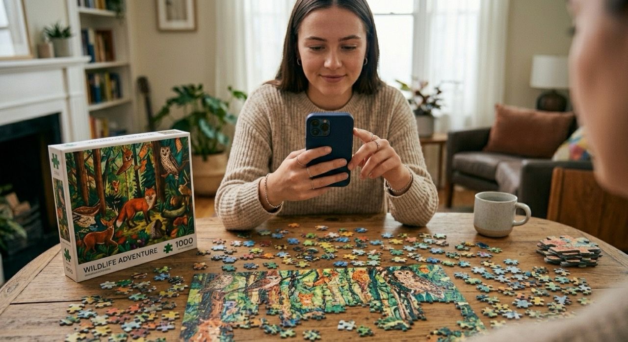 A puzzler using PuzPal while holding a loose piece above the table.