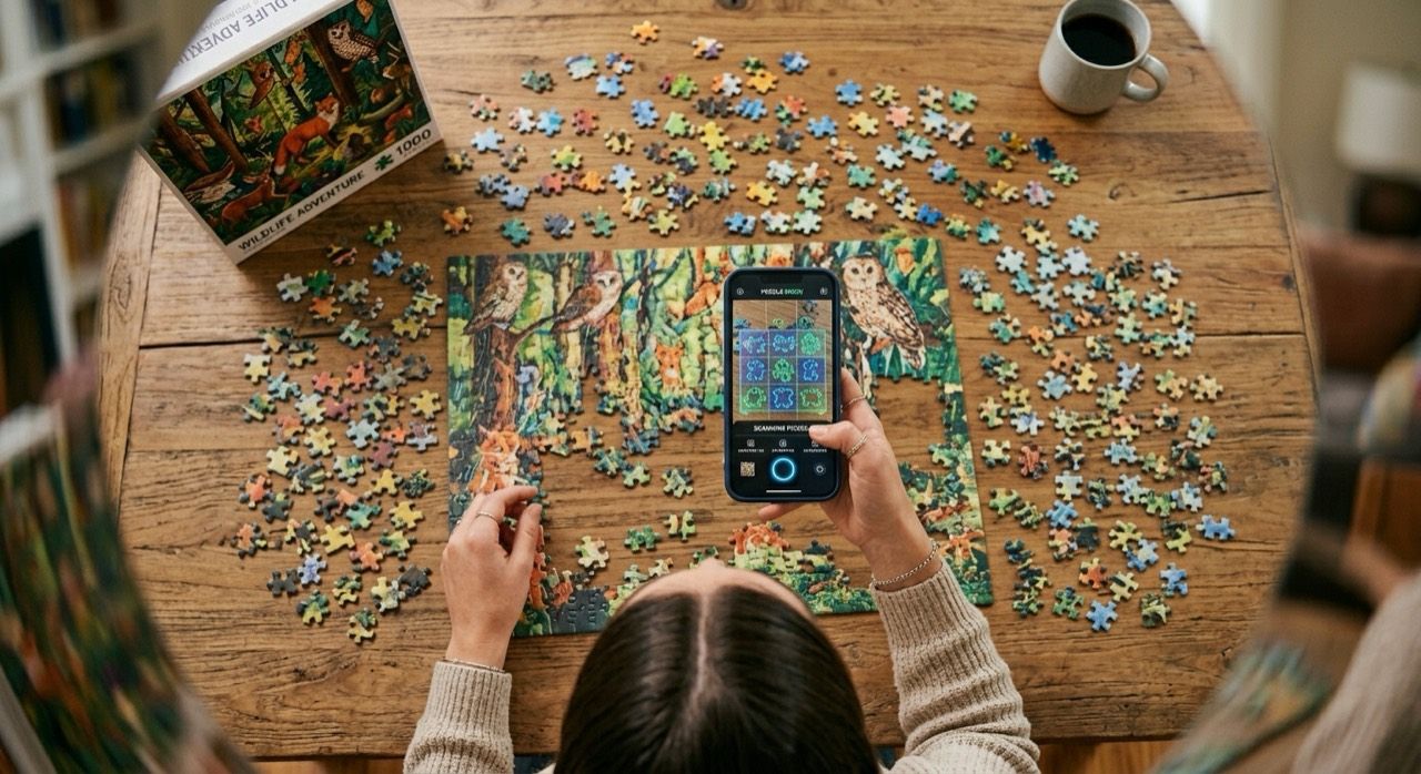 An overhead view of PuzPal being used with a spread-out jigsaw puzzle table.
