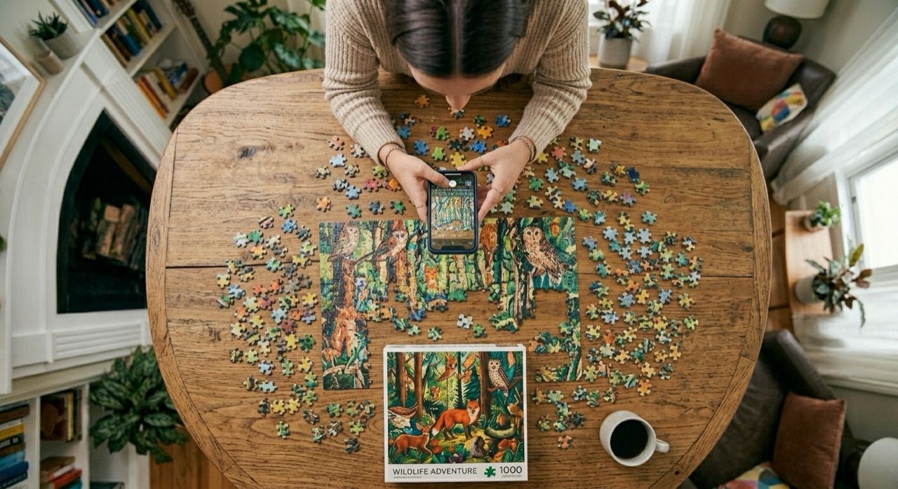 An overhead view of an active puzzle table with an iPhone helping compare shapes.